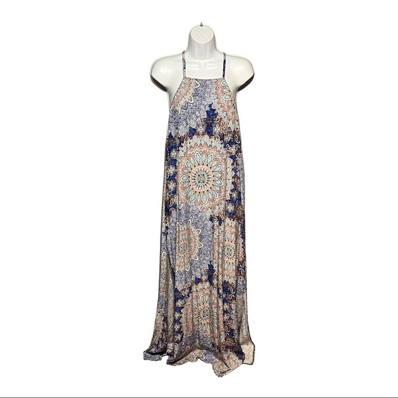 LoveRiche Geometric Paisley Mandala Print Maxi Dress Sleeveless Razorback Halter - Picture 1 of 8